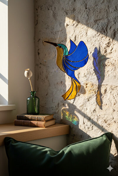 shop El Yapımı Vitray Kolibri Kuşu Güneş Yakalayıcı - Mavi Sarı Cam Pencere Asılı Duvar Dekoru