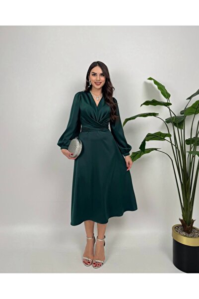 Bellucia Saten Kruvaze Yaka Kuşaklı Midi Elbise