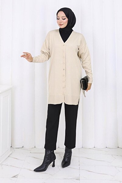 TRENDTESETTÜR Women's Beige (Stone) Knitwear Cardigan t 6713