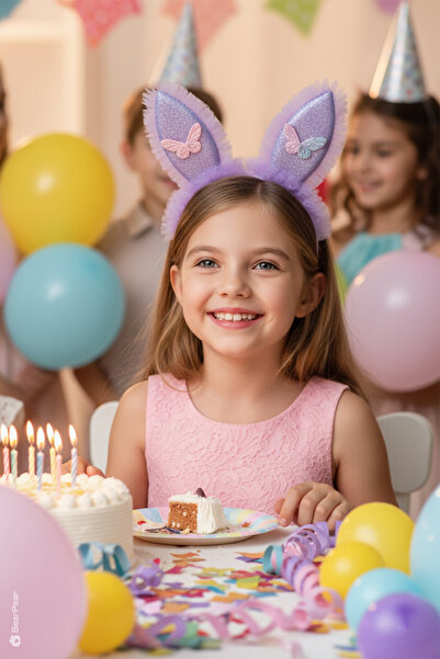 BearPear Tavşan Kulaklı Taç Parti Kostüm Aksesuarı Mor Renk Fırfırlı Taç