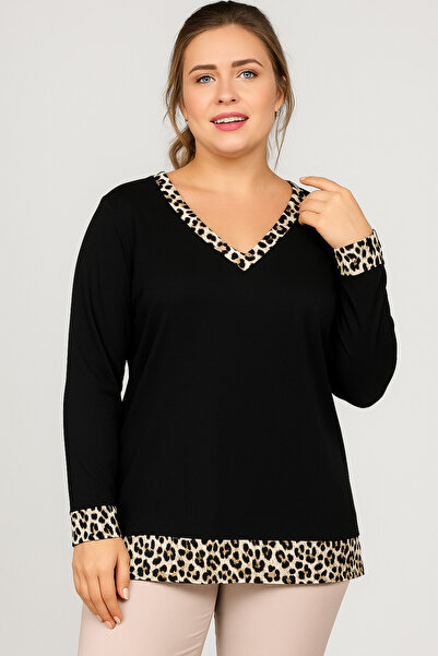 Curvy Trend Plus Size V-Neck Sleeveful Skirt Leopard Paneled Long Sleeve Blouse