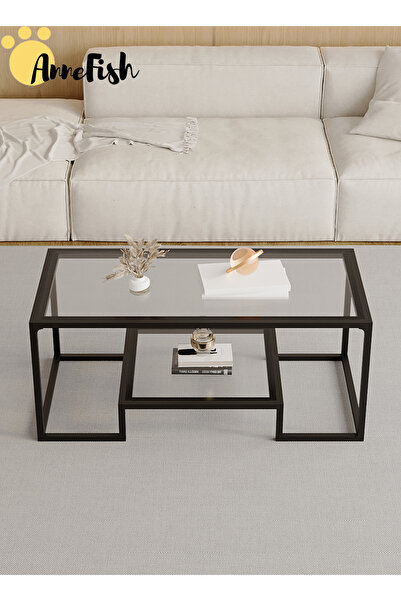 AnneFish Glass Coffee Table Modern Center Table with Tempered Glass Top and Metal Frame Base Sofa Table