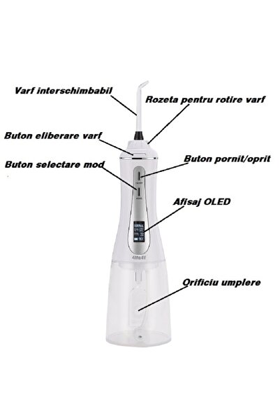 4Me4Y Professional oral irrigator, OLED, portable, 1800mAh, 350ml, 5 speeds, 6 nozzles, IPX7, transparent
