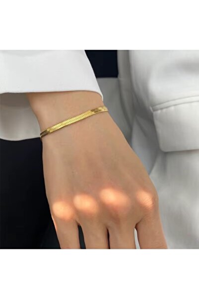 CAXBERN 22 Ayar Altın Kaplama Unisex İtalyan Yassı Ezme Zincir Bileklik | Kararmaz Çelik, Altın Renk