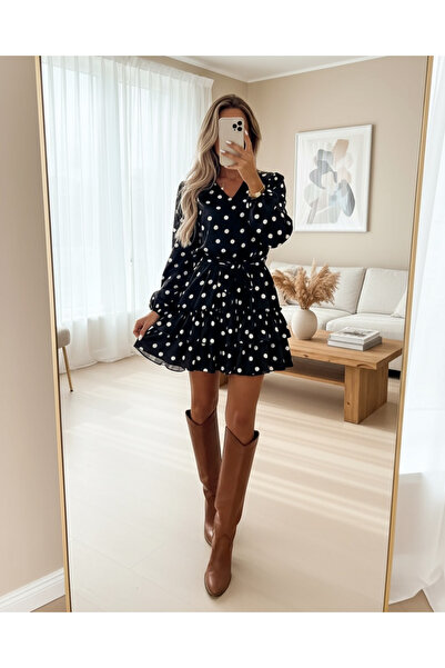 Genel Markalar Kadın Uzun Kollu V Yakalı Belden Kuşaklı Puantiyeli Mini Modal...