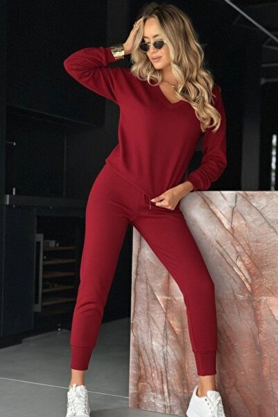 Mossta V-Neck Viscose Two Thread Blouse Pants Two-Piece Set - Red