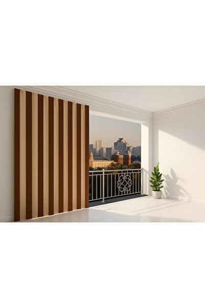 MRC Tekstil Kahve Krem Çizgili Su Geçirmez Kornişli Bağcıklı Balkon Perdesi B...