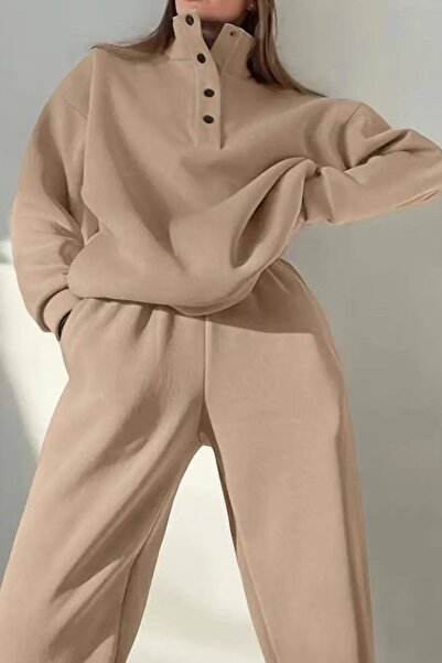 Mossta Mock Neck Button Three Thread Blouse Pants Double Suit - Beige
