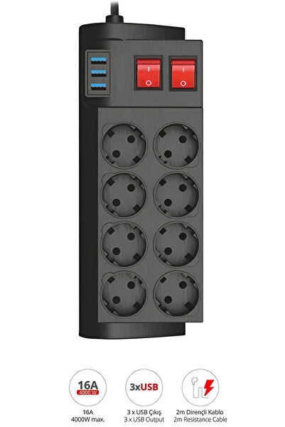 Chermik Termal Akım Korumalı USB 2.1A Şarj Çıkışlı 8’li Uzatma Prizi – 2 Metr...