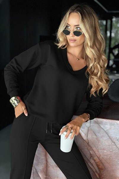 Mossta V-Neck Viscose Two Thread Blouse Pants Two-Piece Set - Black