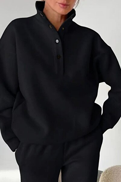 Mossta Mock Neck Button Three Thread Blouse Pants Double Suit - Black