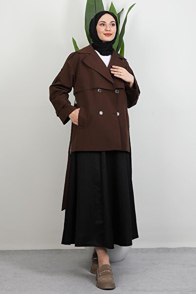 GİYZAMİLA Kemer Detay Kısa Trenç Acı Kahve