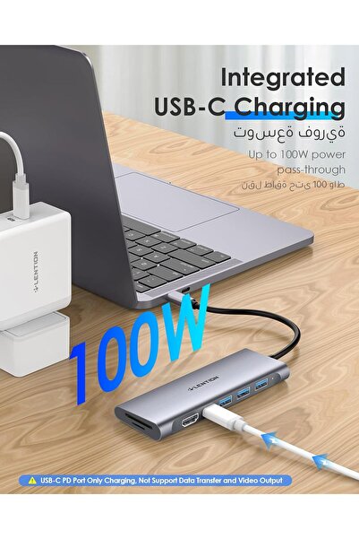 LENTION موزع USB-C متعدد المنافذ (CB-C36B) - منفذ HDMI بدقة 4K، 3 منافذ USB 3.0، SD/MicroSD، 100 واط PD، رمادي فضائي