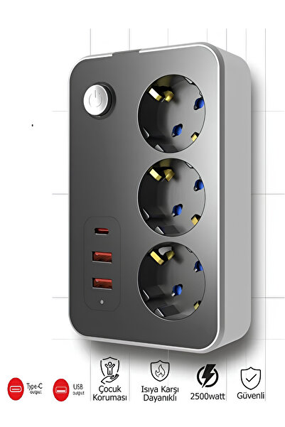 Genel Markalar Termal Akım Korumalı USB ve Type-C 2.1A Şarj Çıkışlı 10A 2500W...