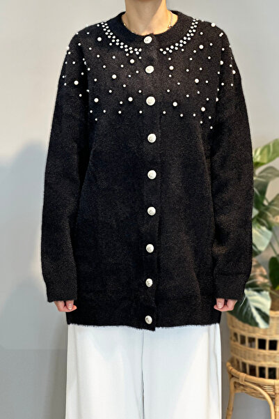 Lale Butik Stone and Pearl Detail Cardigan 25015 Black