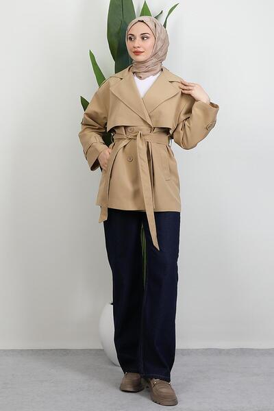 GİYZAMİLA Κοντή καμπαρντίνα με λεπτομέρεια ζώνης, καφέ γαλακτοκομικό