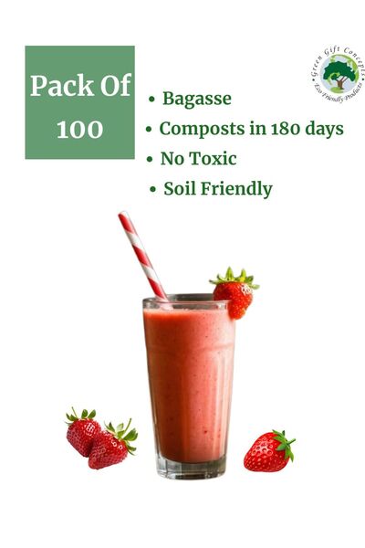 Green Gift Concepts - 100 قطعة من القش الورقي الأحمر والأبيض القابل للتحلل الحيوي والصالح للأكل