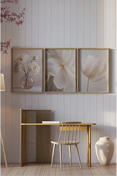 AR AJANS KANVAS TABLO “Peony Grace” Decorative Framed Flower Set of 3 Paintings