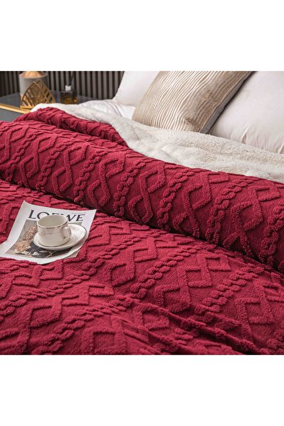 JOJO HOME Warm cocolino blanket, knitted pattern, 200x230cm, Red
