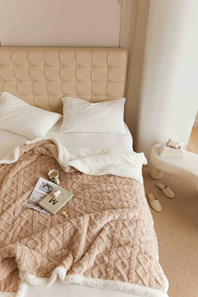 JOJO HOME Warm cocolino blanket, knitted pattern, 200x230cm, Beige