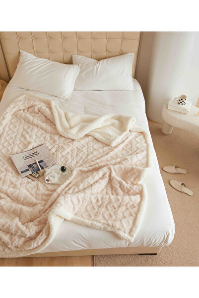 JOJO HOME Warm cocolino blanket, knitted pattern, 200x230cm, Cream