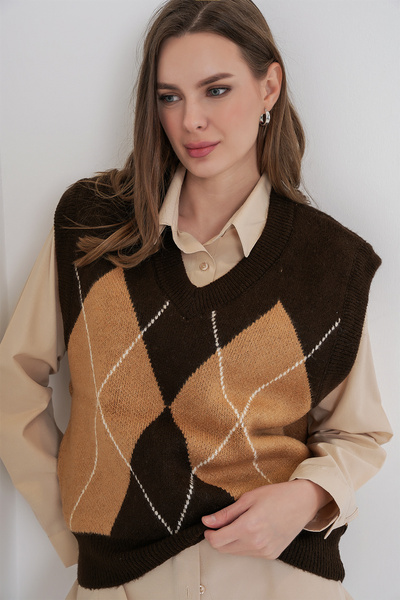 Bigdart Damen-Pullover mit Rautenmuster 15940 - Dunkelbraun