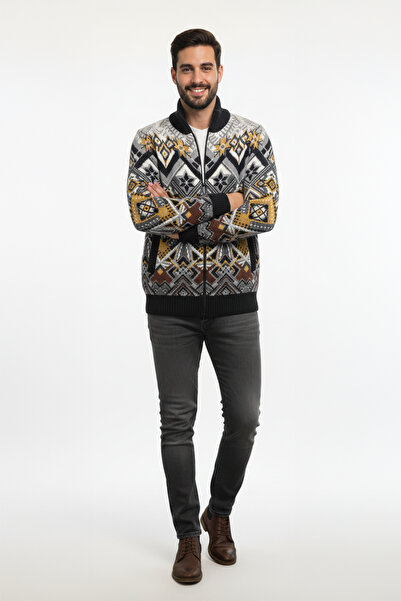 Pulltonic Erkek Fermuarlı Etnik Desenli Hırka | %68 Kuzu Yünü