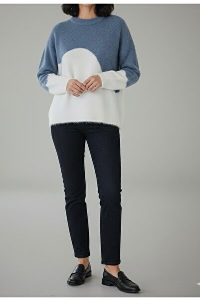 QULES Mavi OVERSİZE KADIN İNCE SAKALLI ÇİFT RENK KAZAK