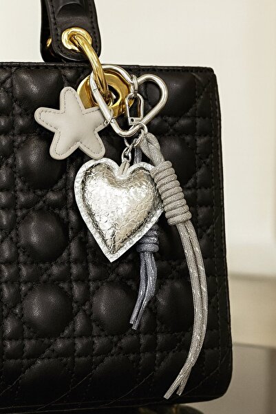 TAKIŞTIR Gray Color Heart and Star Figured Bag Charm/ Keychain