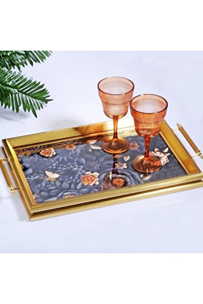 Kosova A-296 صينية مستطيلة فاخرة بمقبض 50 × 31 ذهبي