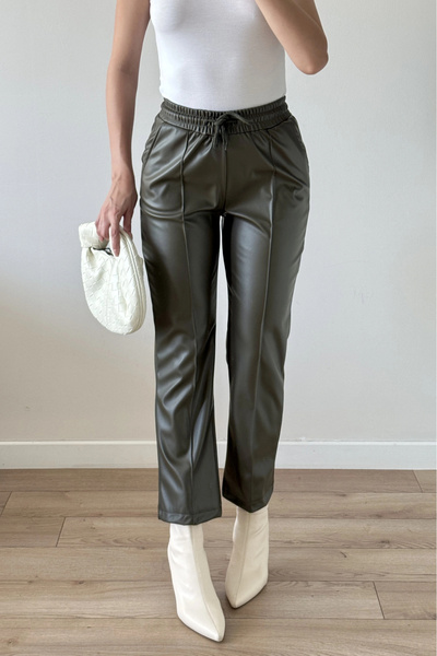 Eka Women's Khaki Elastic piped Leather Trousers 30322