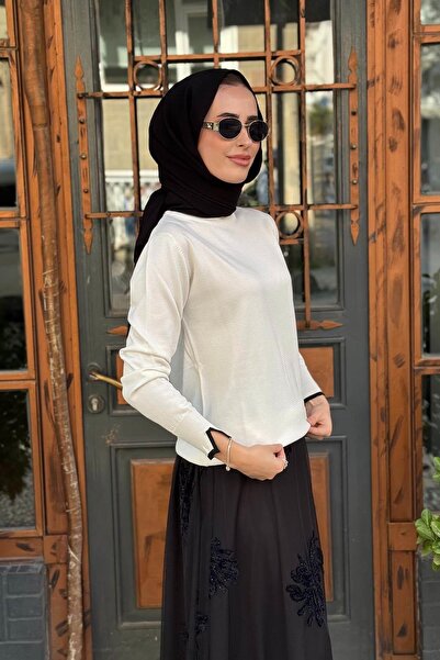 Kayra Sleeve and Collar Piped Plain Basic Knitwear Sweater Ka-Sz-Trk14