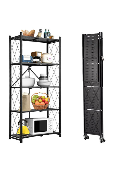 Cozara 5-Tier Heavy-Duty Folding Storage Rack with Wheels, Black