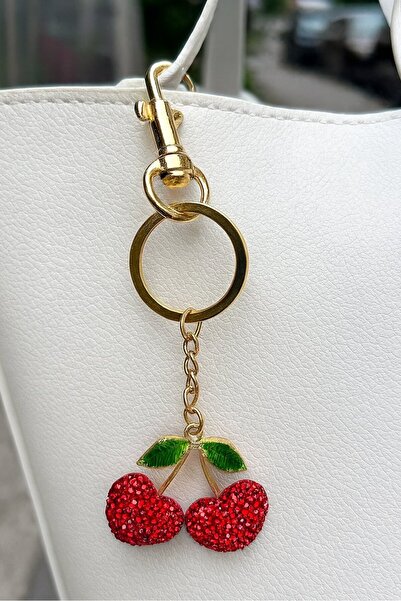 TAKIŞTIR Gold and Red Color Cherry Figured Stone Detailed Bag Charm/ Keychain