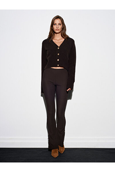 Dilvin 71905 Button Detailed Flared Leggings-Dark Brown