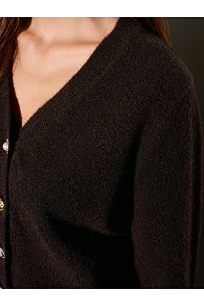 Dilvin 60273 Μάλλινο Πλεκτό Πλεκτό Πουλόβερ με Κουμπιά-Καφέ Ανοιχτό