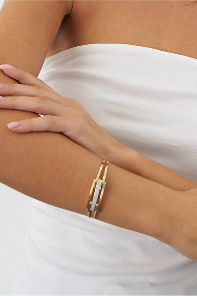 ÇAĞLAYAN KUYUMCULUK 14 Ayar Üç Sıra Taşlı Kaburga Kelepçe Kadın Bilezik