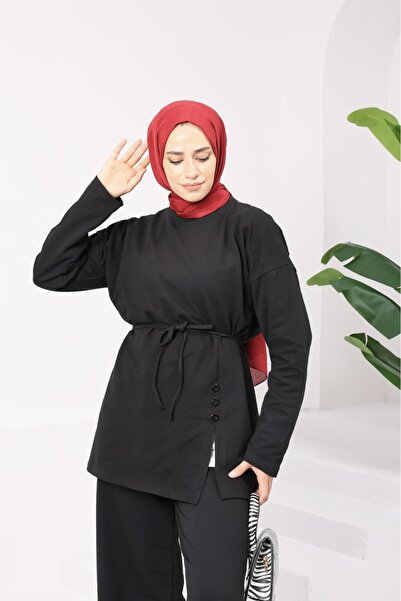 onlymoon Women's Black Top and Bottom Set ♦   Tie the Waist ♦   Button Slit Detail ♦   2 Yarn Knitted Fabric ♦   Comfortable Fit