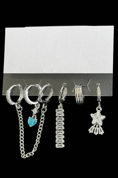 TAKIŞTIR مجموعة من 6 أقراط فضية اللون بأشكال متنوعة