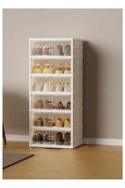 Concept Home 6-Layer Wide Shoe Organizer, Holds 12 Shoes, Transparent Window, White/Clear