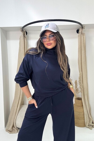 Sohotique By P Modal Fabric Collar Zippered Tracksuit Set Navy Blue