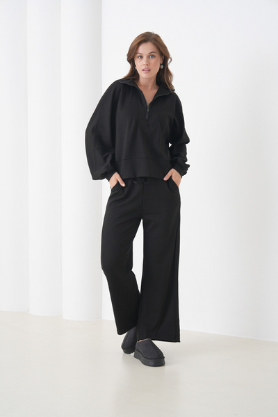 MAMAYAGA Women's Oversized Zippered Hooded Sweatshirt Wide Leg Sporty Stylish Tracksuit Set Suitable for Hijab