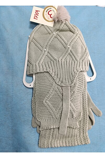 Kitti Scarf, Beret, and Gloves 3-Piece Set for Girls Aged 4-8 with Pearl Stones.