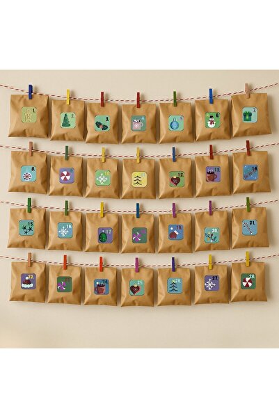 roco paper Yılbaşı Advent Takvimi Hediye Seti, Sticker-Kraft Kese Kağıdı-Renkli Ahşap Mandal-Jüt&Twine Baker İp