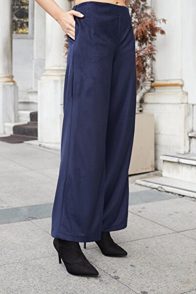 Jument Women's Suede Textured Fabric High Waist Side Pockets Elastic Waist Wide Leg Palazzo Pants - Navy Blue