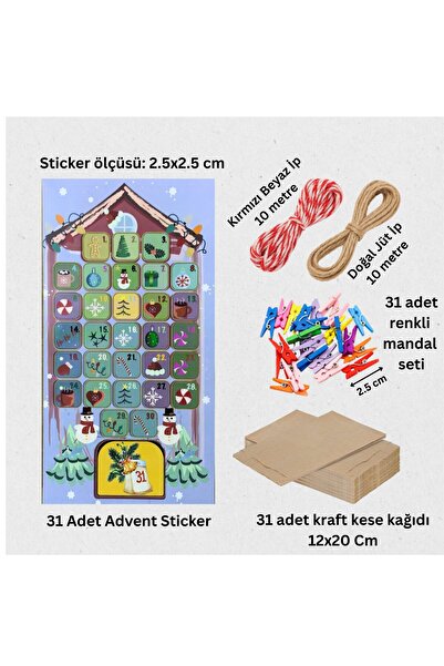 roco paper Yılbaşı Advent Takvimi Hediye Seti, Sticker-Kraft Kese Kağıdı-Renkli Ahşap Mandal-Jüt&Twine Baker İp