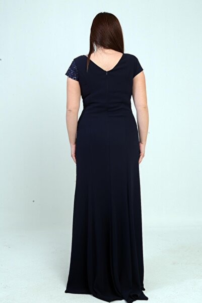 By Saygı Women's Double-Breasted Collar Lined Side Bead Paneled Plus Size Long Chiffon Dress