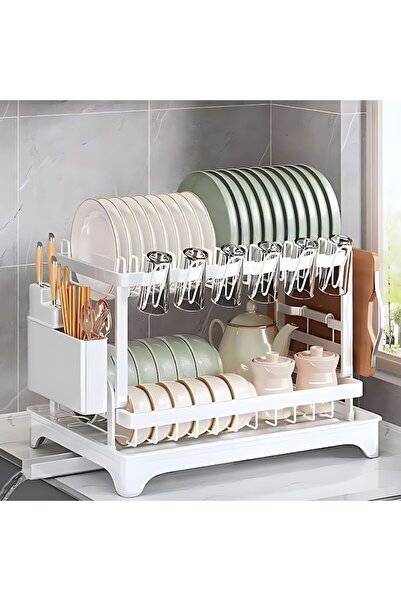 iTin Dish drainer with drainer support, 2 levels, removable tray, quick assembly, white