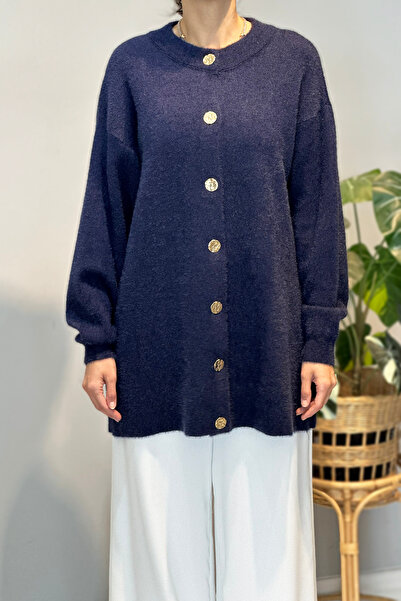 Lale Butik Gold Button Detail Cardigan 25008 Navy Blue