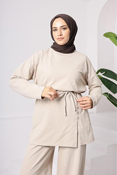 onlymoon Women's Beige Top and Bottom Set ♦   Tie the Waist ♦   Button Slit Detail ♦   2 Yarn Knitted Fabric ♦   Comfortable Fit